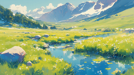 Quiet Alpine Meadow in Summer Watercolor - obrazy, fototapety, plakaty