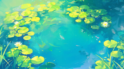Fototapeta na wymiar Serene Pond with Water Lilies Watercolor