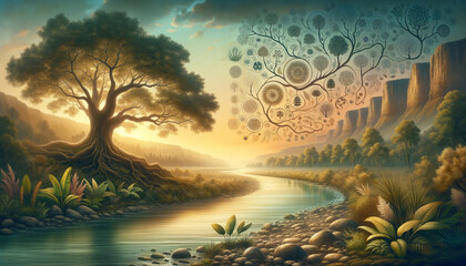 Tranquil river scene with phylogenetic tree icons and majestic Tree of Life