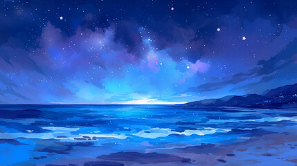 Starry Seaside Tranquility Watercolor - obrazy, fototapety, plakaty