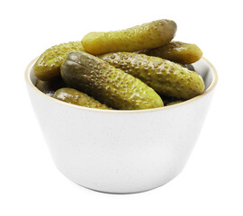 Tasty pickled cucumbers in bowl isolated on white