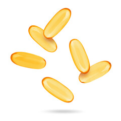 Vitamin. Softgel capsules falling on white background
