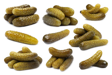 Tasty pickled cucumbers isolated on white, set