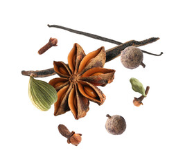 Different aromatic spices falling on white background
