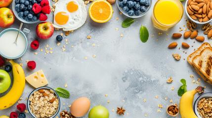 Nutritious and colorful breakfast ingredients laid out in a modern and minimalist kitchen - obrazy, fototapety, plakaty