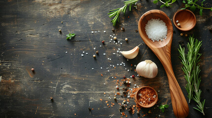 A wooden spoon sitting on a countertop surrounded by various ingredients and spices - obrazy, fototapety, plakaty