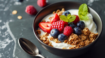 Healthy Breakfast: Yummy Yogurt Parfait with Granola and Berries - obrazy, fototapety, plakaty