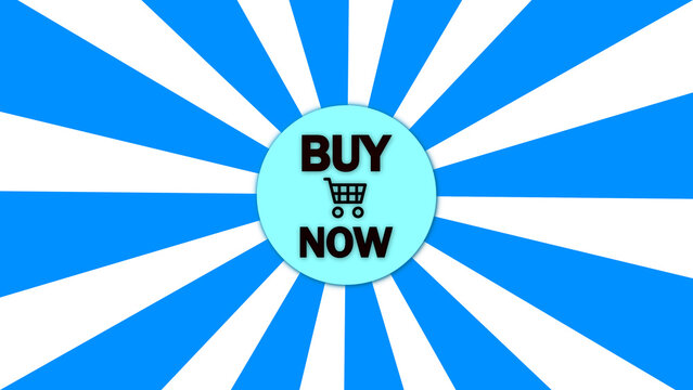 Blue radial burst background with a central Buy Now button featuring a shopping cart icon symbolizing online shopping and sales.