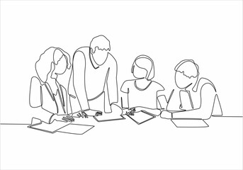 continuous line drawing of office workers at business meeting