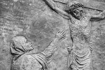 The Crucifixion of Jesus – Fifth Sorrowful Mystery. A relief sculpture on Mount Podbrdo (the Hill of Apparitions) in Medjugorje.
