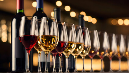 Row of wine glasses on table with blurred background.