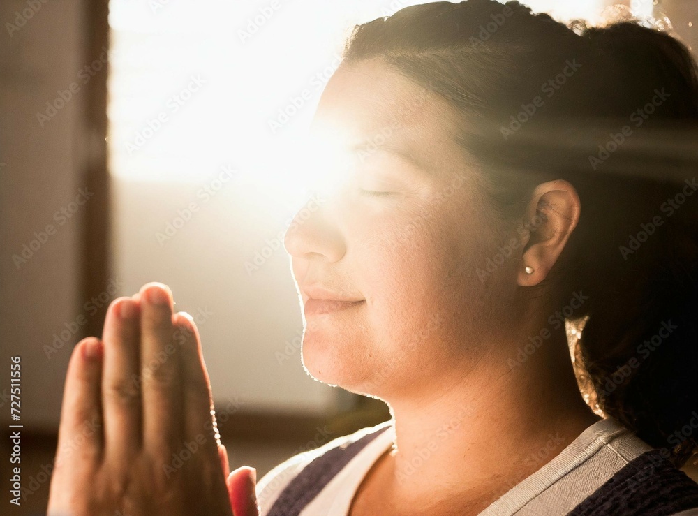 Sticker Chubby woman meditate at home