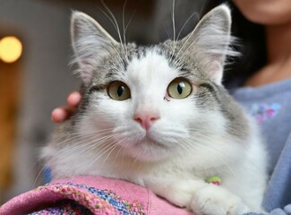 Girl petting cat at home. Cat lover. Cute, adorable kitty face.