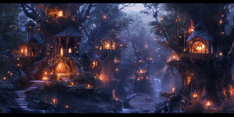 A fantasy scene of a hidden elven city in an ancient forest, with magical treehouses and glowing...