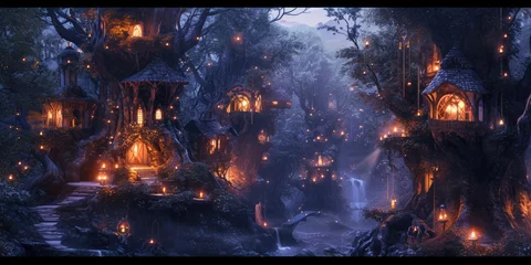  A fantasy scene of a hidden elven city in an ancient forest, with magical treehouses and glowing lights. Resplendent. © Summit Art Creations