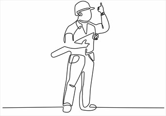 Fototapeta na wymiar A continuous line drawing of the young foreman manager controlling the construction of the building. Building an architectural business concept. Single line drawing vector graphic design illustration