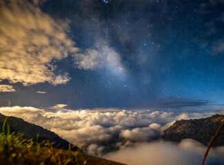 Beautiful view of sky full of stars, aerial view from a mountain