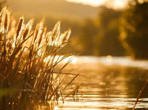 Wheat leaves on the lake shore. Countryside background. Copy space.
