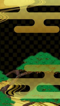日本風の背景。松とエ霞と金色の背景の縦長イラスト動画
