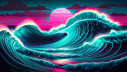Abstract Neon light painting with turquoise sea waves pattern on digital art concept, Generative AI.