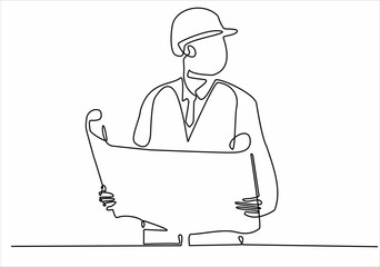 A continuous line drawing of the young foreman manager controlling the construction of the building. Building an architectural business concept. Single line drawing vector graphic design illustration