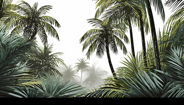 Abstract Palm trees leaves realistic on transparent backgrounds, watercolor botanical illustration on digital art concept, Generative AI.