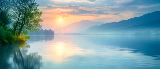 Fototapeta na wymiar Serene lake at sunrise with mountains and trees. 