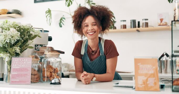 Face of woman, cafe business owner or cashier at counter for welcome, customer service and hospitality at startup. Portrait of african waitress, barista or seller at bakery, restaurant or coffee shop