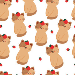 seamless pattern cartoon cat and strawberry. cute animal wallpaper illustration for gift wrap paper