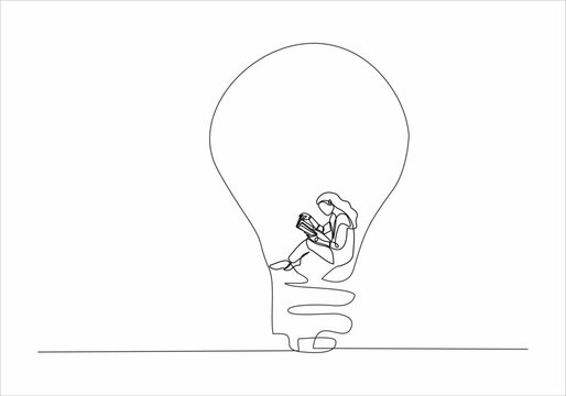 one continuous line drawing woman reading a book with a light bulb, man reading a book with a light bulb, hand painted silhouette image. line art.