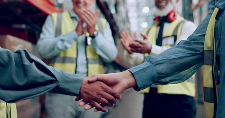 Shaking hands, agreement and team with people in logistics, warehouse staff and distribution partnership. Supply chain, shipping and courier company, meeting with employee handshake and applause