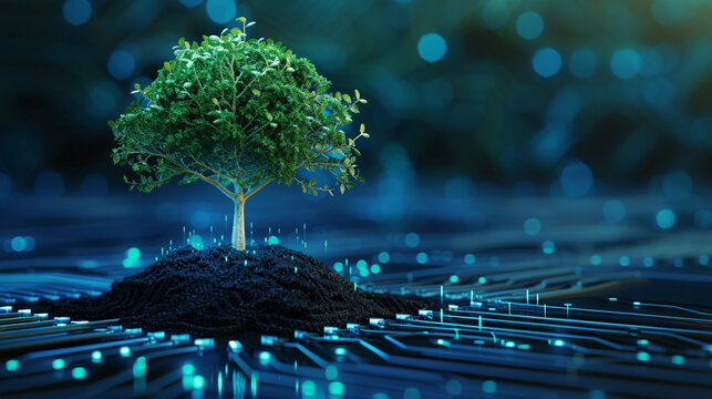 Technology trees growing on network lines, green energy network ecology concept illustration