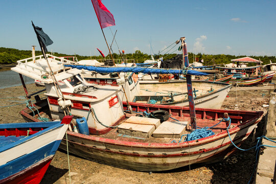 View of some fishing boats moored in the port of Braga, in the city of Raposa Ma, Brazil