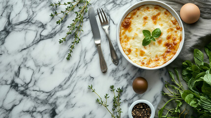 A dish of baked macaroni and cheese on a marble background, accompanied by fresh herbs, eggs, and spices.
