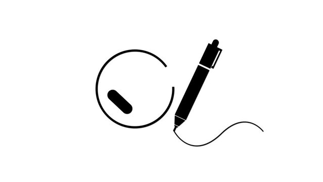 Minimalist black pen icon tick mark animated on a white background.