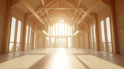 Wooden structure inside the house. Building and construction of a new home with natural sunlight. - obrazy, fototapety, plakaty