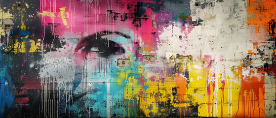 Colorful graffiti art with abstract eye depiction.
