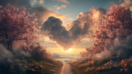 Zelfklevend Fotobehang Clouds blooming in the shape of a big heart against the sky bathed in Valentine's Day sunshine, beautifully depicting love and romance, on top of a romantic landscape © rekux