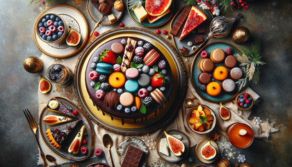 An elegant and varied assortment of desserts on the festive table, including chocolate cake, macaroons, fruit tartlets and a cheese plate with figs