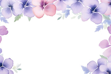 Fototapeta na wymiar Watercolor pastel horizontal Pansy flower border background with blank space for wallpaper banner greeting art