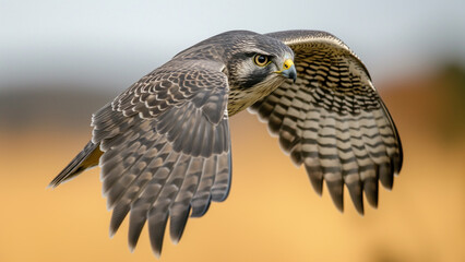 Soaring Majesty: A Close-Up of a Goshawk Over Hay Fields
