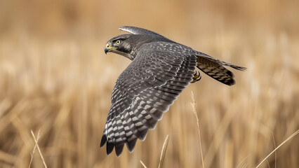 Soaring Majesty: A Close-Up of a Goshawk Over Hay Fields