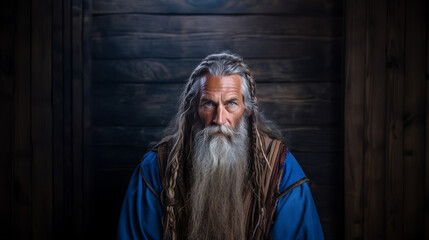 A portrait of an old viking man with a long beard, blue eyes and blue clothing.