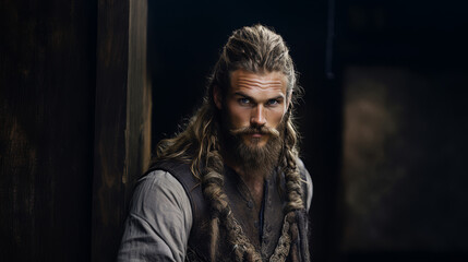 A Portrait of A Fearless Powerful Warrior Viking young man face - obrazy, fototapety, plakaty