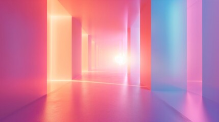 Colorful lights in indoor spaces with creative and minimal style. Abstract pink, orange, blue and purple colors gradient studio background for product presentation. 3d room with copy space.