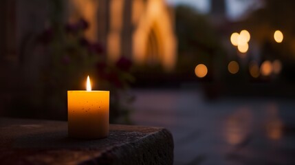 A solitary candle in the church in the late afternoon. Candle lit in preparation for a wake in the church at the end of a day of pain and melancholy.