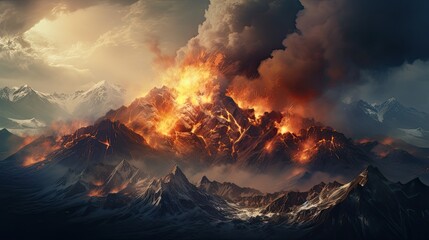 Fototapeta na wymiar small fire on top of mountains vast mountain range