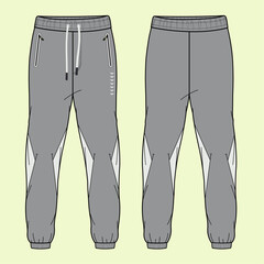 Men's Terry Fleece Athleisure Jogger Fashion Flat Sketch with Black and White Outline – Front and Back View Template Mock-up