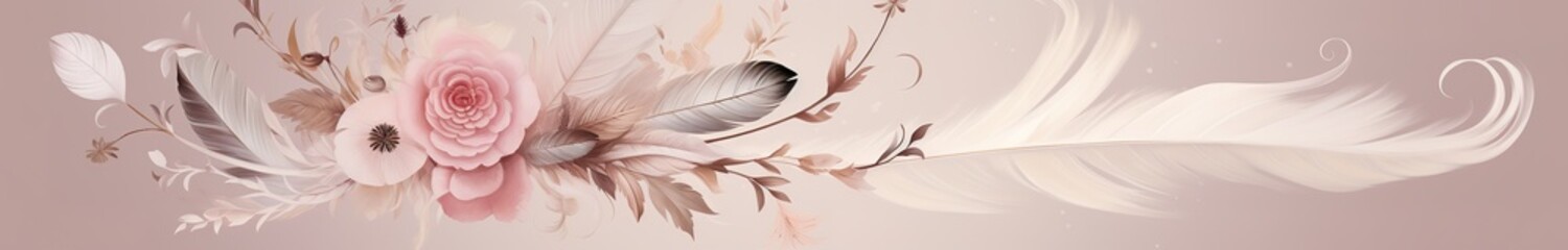 A bouquet of pink watercolor flowers combined with chicken feathers, on a white background