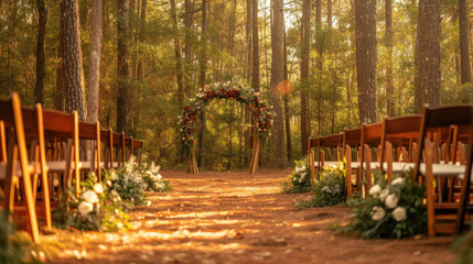 An enchanting forest wedding venue arranged with wooden chairs and a beautiful floral archway in a serene woodland setting.